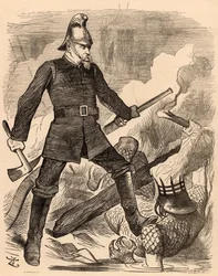 Eyre Massey Shaw combatendo incêndios, de "Punch" Londres, 20 de Agosto de 1887 (gravura)