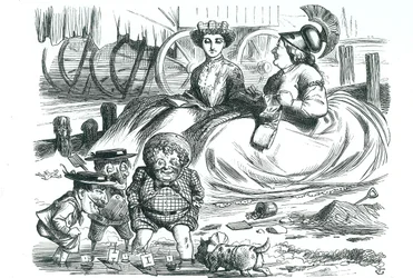França e Grã-Bretanha observando as crianças (John Bull, Sr. Punch e Napoleão III). Este ano marcou 50 anos de paz entre a França e a Grã-Bretanha e o início do Entente Cordiale. Desenho animado de John Tenniel de 