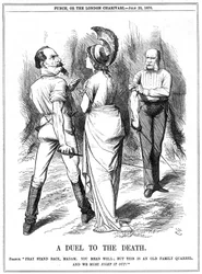 Guerra Franco-Prussiana 1870-1871: Britannia tenta conter Napoleão III a entrar em guerra com a Alemanha. Declaração francesa entregue em Berlim a 19 de Julho, proclamação a 23 de Julho. John Tenniel cartoon de Punch, Londres, 23 de Julho de 1870. Gravura