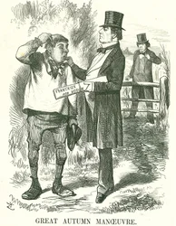 Grande Manobra de Outono: Ainda bem que o voto deve ser dado aos operários agrícolas (Hodge). Nesta altura, a sua estreia estava instável e Disraeli está à espera de tomar o seu lugar. John Tenniel cartoon de Punch, Londres, 9 de Agosto de 1873.