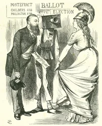 Hugh Childers (1827-1896) parlamentar britânico, falando à Britannia sobre o sucesso da nova urna de voto. John Tenniel cartoon de 