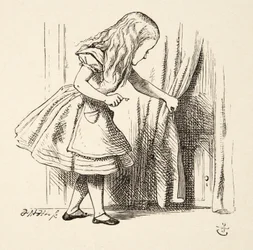 Olhando para trás a cortina, de Alices Adventures in Wonderland por Lewis Carroll (1832 - 98), pub. 1891