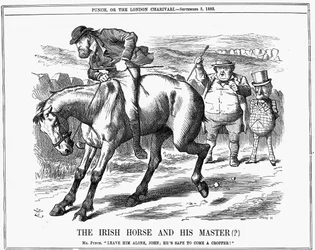 Mr Punch diz a John Bull para ignorar Charles Stewart Parnell (1846-1891), político irlandês, pois está certo de que ele sofrerá uma queda aparatosa ao montar o cavalo irlandês. Caricatura de John Tenniel publicada na Punch, Londres, 5 de setembro de