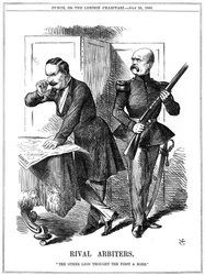 Napoleão III (1808-1873), Imperador da França 1852-1870, e Otto von Bismarck (1808-1783), Chanceler da Prússia, esculpindo a Europa. Suas ambições conflituosas levaram à Guerra Franco-Prussiana de 1870-1871. John Tenniel cartoon de Punch, Londres, 28 de ju