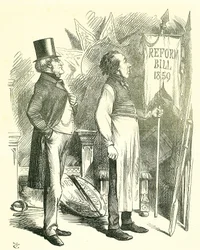 Economia Política: Reforma do Parlamento - extensão da franquia. Disraeli (chanceler) e Derby (primeiro-ministro) a limpar o pó da Lei da Reforma. Em 1867 Disraeli apresentou um novo projeto de lei. Desenho animado de John Tenniel de Punch, Londres