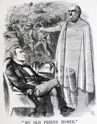Sátira política retratando William Ewart Gladstone e seu "velho amigo Homer".
