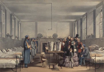 A rainha Vitória e o príncipe Alberto visitam soldados feridos na Guerra da Crimeia, no Hospital de Brompton, Chatham, 1855