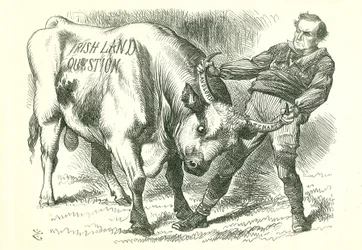 Levando o Touro (Irlandês) pelos Chifres: Projecto de lei aprovado pelo Parlamento a 15 de Fevereiro de 1870 e recebeu o consentimento real a 8 de Julho. William Gladstone, primeiro-ministro, tratando do assunto. John Tenniel cartoon de Punch, Londres, 26 