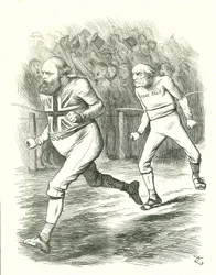 O Acabamento: Eleição Geral de 1886. Gladstone (Liberal) foi para o país por causa de seu projeto de lei sobre o Home Rule for Ireland. Salisbury (oposição conservadora) vence Gladstone até a linha de chegada. John Tenniel cartoon de Punch, Londres