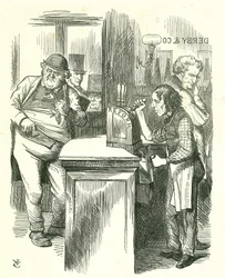 O Rapaz do Pote Honesto: Reforma do Parlamento - extensão da franquia. Disraeli servindo a Reforma a John Bull observado pela sua oposição parlamentar. Ele apresentou e levou a sua Lei da Reforma. Tenniel cartoon de Punch, Londres