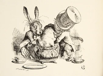 O Chapeleiro Louco e a Lebre de Março põem o Arganaz no bule, de «As Aventuras de Alice no País das Maravilhas», de Lewis Carroll (1832-98), publicado em 1891