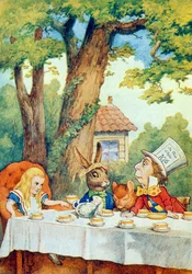 O tea party do chapeleiro louco, ilustração de "Alice no país das maravilhas" por Lewis Carroll (1832-9)