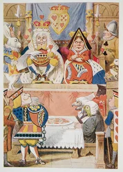 O Julgamento do Valete de Copas, de Alicia Aventuras no País das Maravilhas e Através do Espelho e O Que Alice Encontrou Lá, de Lewis Carroll (1832 - 98), publicado em 1911 (litografia colorida)