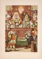 O Julgamento do Valete de Copas, de Alicia Aventuras no País das Maravilhas e Através do Espelho e O Que Alice Encontrou Lá, de Lewis Carroll (1832 - 98), publicado em 1911 (litografia colorida)
