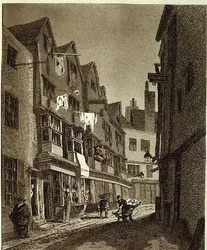 "Vista da Extremidade Sul da Pista dos Ladrões (dos últimos anos chamada Bow Street)...", desenho 1807, gravado por W.M. Fellows, pub. 1807 (gravura)