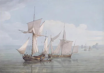 Um Hoy e um Lugger com outro transporte em um mar calmo (wc, caneta e tinta preta em papel de wove)