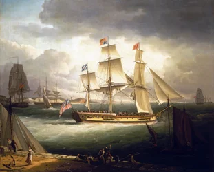 O "Royal Sovereign", um iate real, ancorado ao largo da costa de um porto