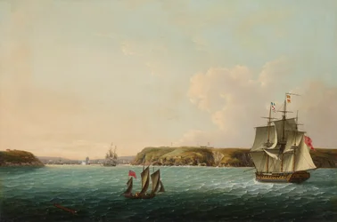 A costa e a entrada de Brest, com o HMS Boadicea a fazer sinal a uma fragata de repetição do número de navios franceses e espanhóis ancorados no porto