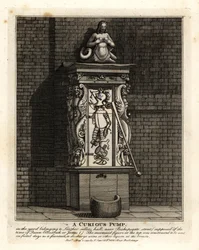 Uma bomba curiosa no pátio do Leathersellers Hall, Bishopsgate Street, Londres