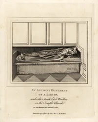 Antigo monumento de um bispo sob a janela sudeste da Igreja do Templo do século XII, Londres