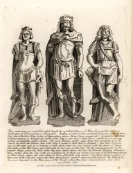 O rei britânico Lud e seus filhos Angrogeus e Theomantius (Temantius), reparador das muralhas de Trinovantum, mais tarde Caer Lud ou Luds Town, 66AD