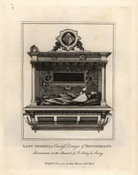Grave effigy ou Lady Arabella, Condessa Dowager de Nottingham, na capela-mor de St Mary le Savoy