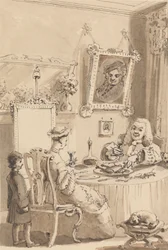Hogarth a beber o primeiro copo de vinho com a sua mulher - Os seus cães mantêm distâncias respeitosas
