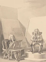 Hogarth Fazendo um Retrato de H. Fielding, para um Livreiro, a partir das Características de Garrick que pediu emprestada uma das perucas do Autor para o fim específico Não Havendo um Retrato Genuíno dele