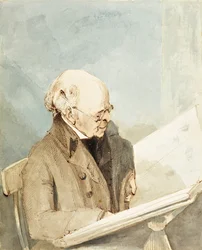 Sr. Taylor, aluno de Hayman, na sala de impressão do Museu Britânico, c.1820 (wc, caneta e tinta no papel)