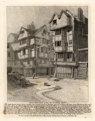 Casas antigas na Butcher Row, Londres A casa do canto direito na St Clements Lane utilizada pelos líderes da Gunpowder Plot