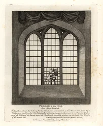 Pedlar e o seu cão no vitral da igreja de Saint Mary-at-Lambeth