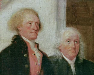 Elaboração da Declaração de Independência, 28 de junho de 1776, detalhe de Thomas Jefferson (1743-1826) e Benjamin Franklin (1706-90) c.1817 (detalhe de 702745)