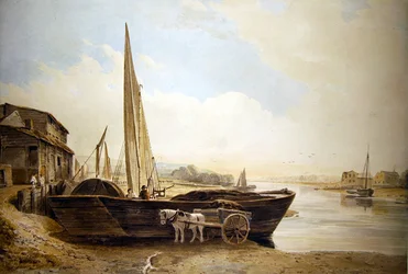 Uma barcaça Thames para descarga (aguarela com vestígios de lápis sobre papel)