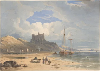 Castelo de Bamborough visto de nordeste, com Holy Island ao longe, Northumberland