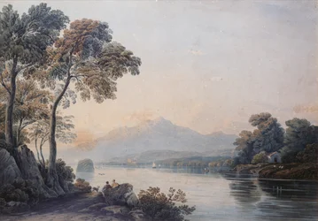 Figuras com um cachorro nas margens do lago Killarney (aquarela)