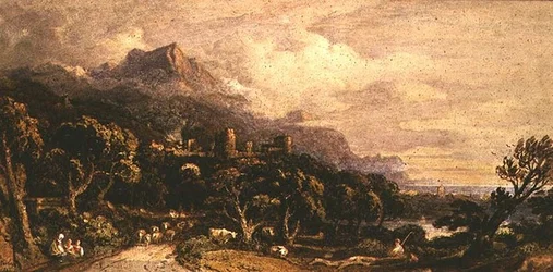 Paisagem com castelo e montanha (aguarela)