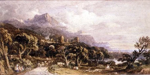 Paisagem com castelo e montanha
