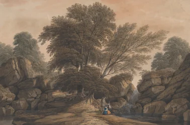 Figuras ao lado de uma Cachoeira e Piscina em uma Paisagem arborizada, 1812.