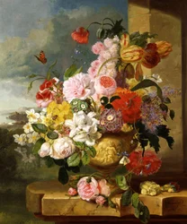Natureza-morta de flores num vaso (incluindo narcisos, rosas, tulipas e prímulas). Pintura de John Wainewright (n. Século XIX) Coleção particular.