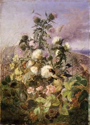Um Goldfinch e uma Borboleta entre o Carvalho e a Flor de Amora Negra