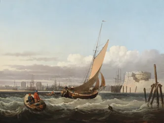 Um isqueiro de estaleiro a virar para o porto de Portsmouth (óleo sobre painel)