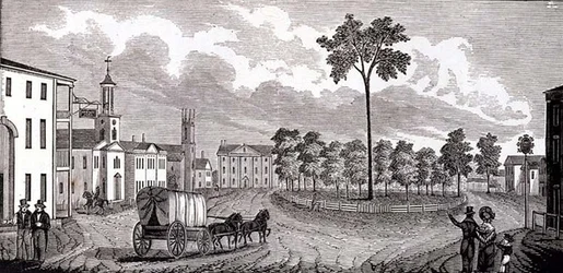 Parte central de Pittsfield, Massachusetts, de coleções históricas de Massachusetts, por John Warner Barber, gravada por SE Brown, 1839