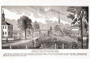 Parte central da Concord, de "Historical Collections of Massachusetts", de John Warner Barber, gravada por J. Downes, 1839