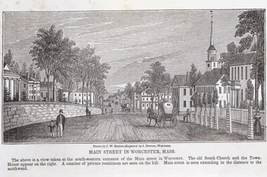 Main street em Worcester, de &39;Historical Collections of Massachusetts&39;, de John Warner Barber, gravada por J. Downes, 1839