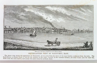 Vista sudeste de Nantucket, de "Historical Collections of Massachusetts", de John Warner Barber, gravada por SE Brown, 1839