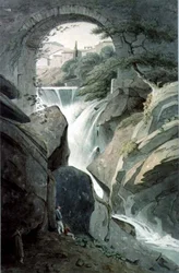 As Cataratas do Tivoli com três figuras em primeiro plano (wc)