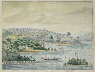 Adicionar. 13880, f.79 Vista de uma colônia britânica. Em primeiro plano, nativos em uma canoa, de um Journal mantido a bordo do transporte Minerva, da Irlanda para Nova Gales do Sul e Bengala, de John Washington Price