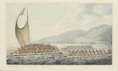 35: Tereoboo, Rei de Owyhee, trazendo presentes ao Capitão Cook, de uma série de aguarelas ilustrando a última viagem do Capitão Cook, c.1773-84 (aguarela sobre papel)
