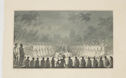 5: Uma Dança Noturna de Homens, em Hapaee, de uma série de aquarelas ilustrando a última viagem do capitão Cook, c.1773-84