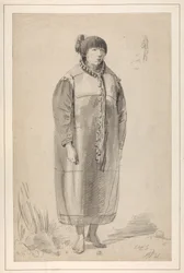 Um desenho intitulado "Uma mulher nativa da América do Norte" num caderno de esboços de John Webber